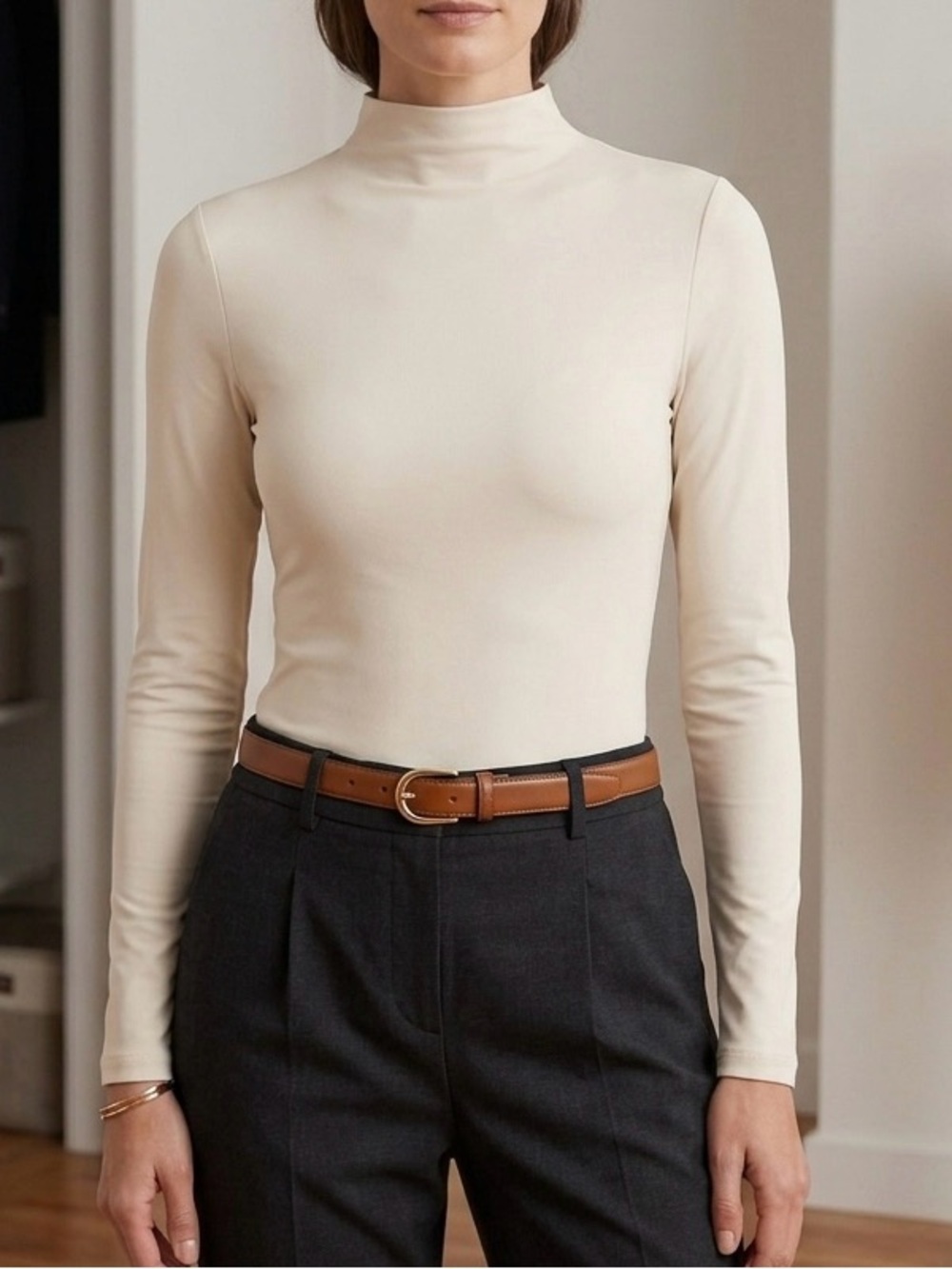 Express Cream Mock Neck Long Sleeve Top